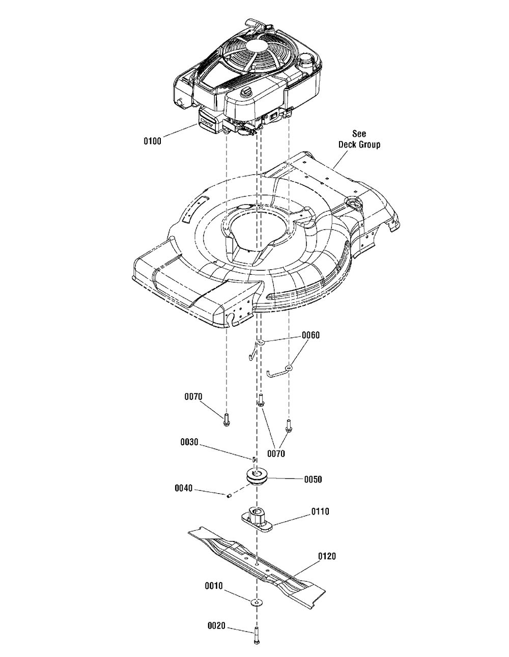 Engine And Blade Group Diagram and Parts List for 7800854-JS48FC 2012 Briggs and Stratton Lawn Mower